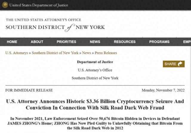 美国政府扣押5万个与丝绸之路暗网市场有关的比特币